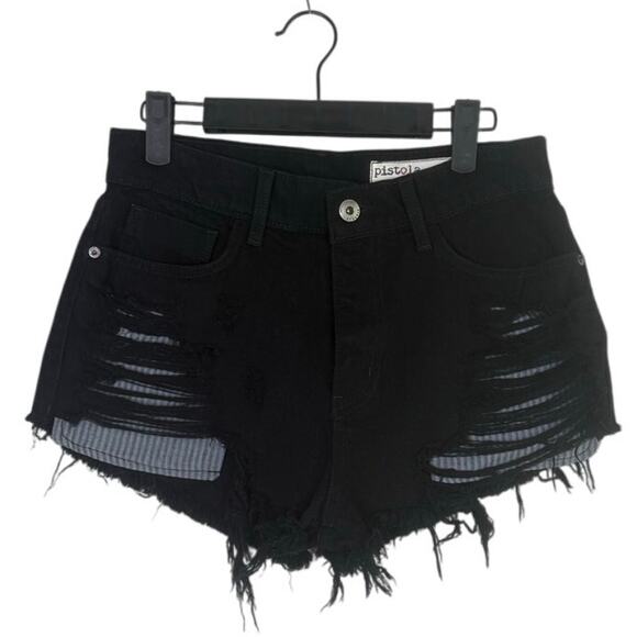 pistola Pants - Pistola Cutoff Distressed Jean Shorts Raw Ripped Hem High Rise Pockets 27 Black